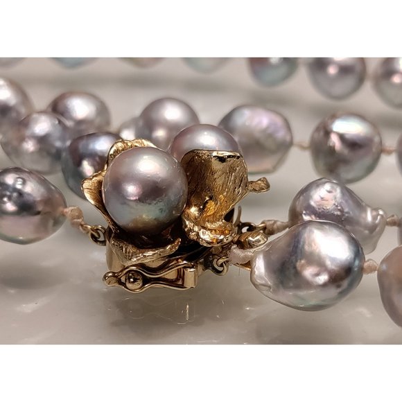 2 Strand Grey South Sea Baroque Saltwater Pearl 14k Yellow Gold Necklace 101g - Picture 2 of 7